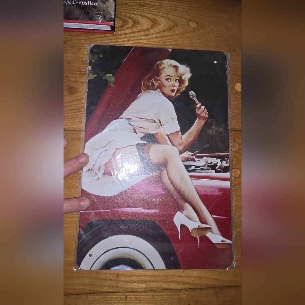 Vintage Pin-Up Metal Sign with Red Car